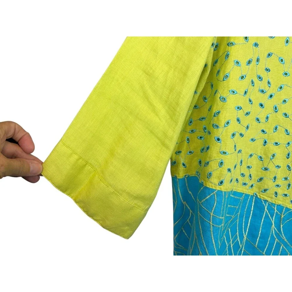 Ali Miles Vintage Turquoise & Lime Linen Lagenlook Shacket Jacket Top Size 1X